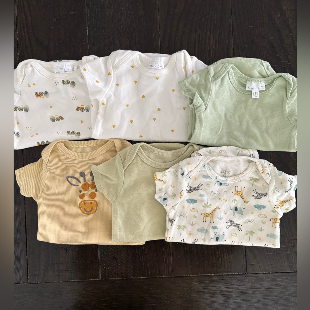 6-Pack Neutral Baby Onesies - Green, Yellow, Cream Prints